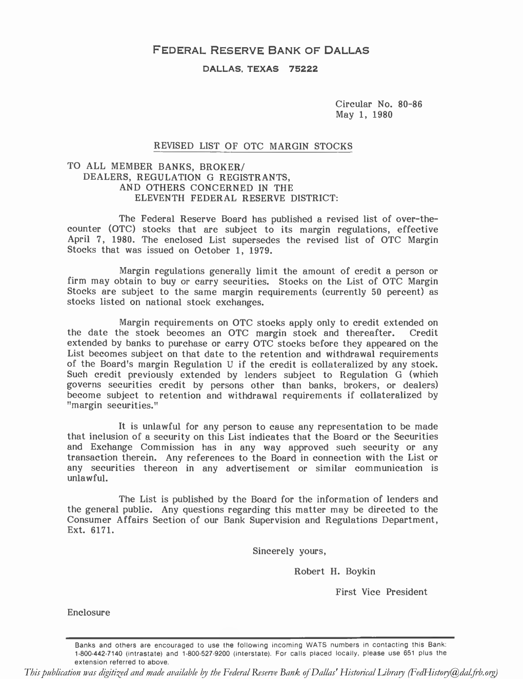 Revised List of OTC Margin Stocks, Circular No. 80-86