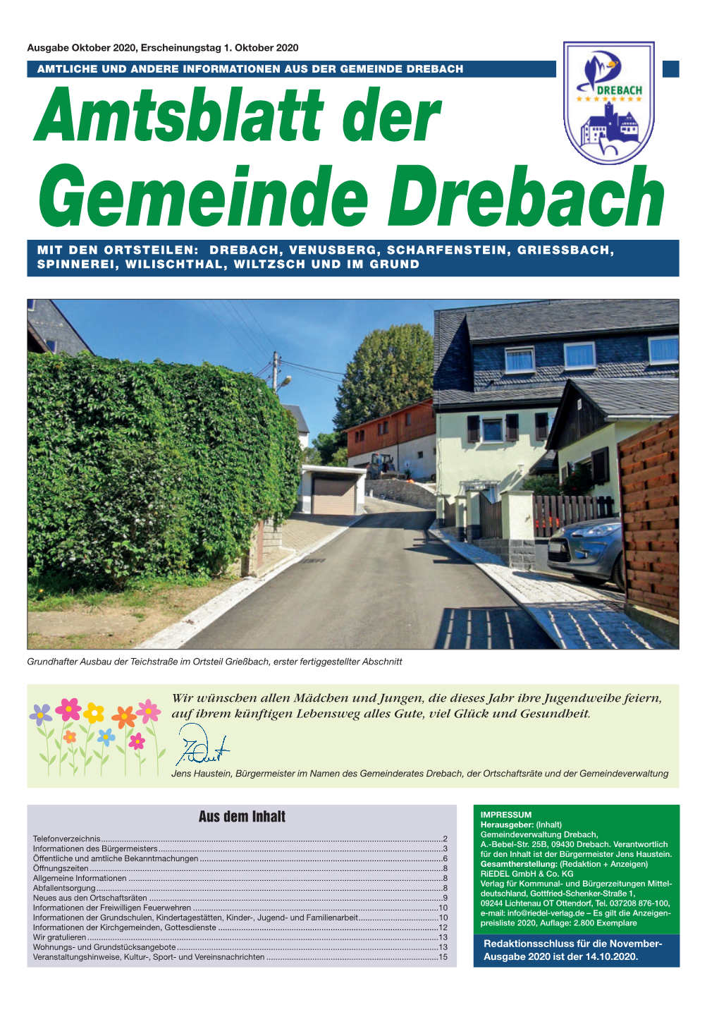 Amtsblatt Der Gemeinde Drebach MIT DEN ORTSTEILEN: DREBACH, VENUSBERG, SCHARFENSTEIN, GRIESSBACH, SPINNEREI, WILISCHTHAL, WILTZSCH UND IM GRUND