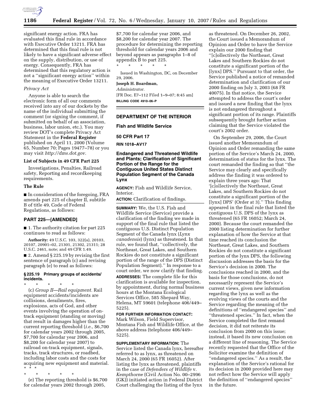 Federal Register/Vol. 72, No. 6/Wednesday, January 10, 2007/Rules and Regulations