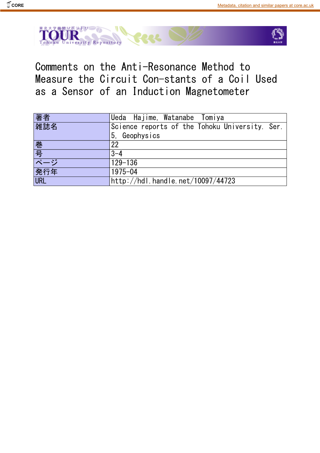 Comments on the Anti-Resonance Method to Measure the Circuit Con-Stants of a Coil Used As a Sensor of an Induction Magnetometer