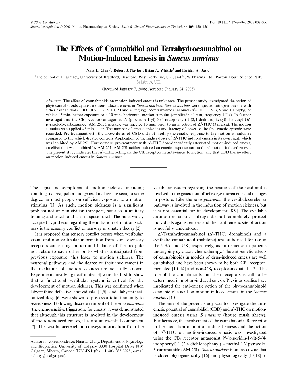 The Effects of Cannabidiol and Tetrahydrocannabinol on Motion-Induced Emesis in Suncus Murinus