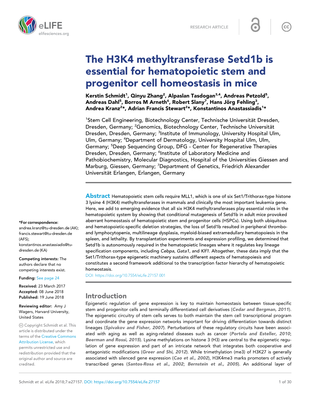 The H3K4 Methyltransferase Setd1b Is Essential for Hematopoietic Stem and Progenitor Cell Homeostasis in Mice