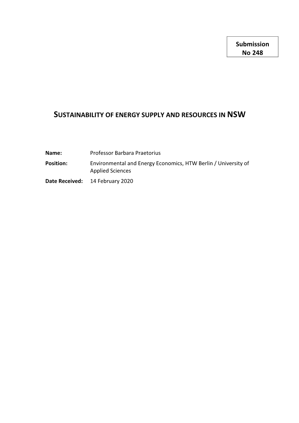 Submission No 248 SUSTAINABILITY of ENERGY SUPPLY AND