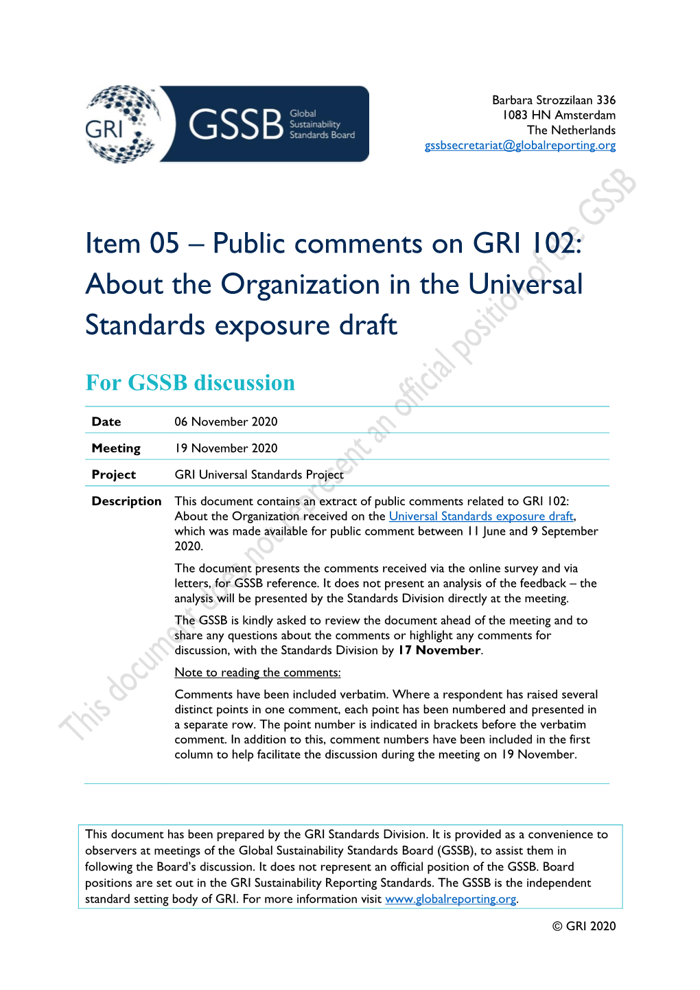 Item 05 – Public Comments on GRI 102: About the Organization in the Universal Standards Exposure Draft