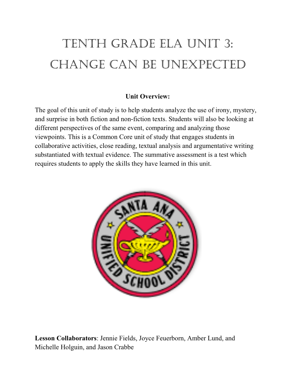 Tenth Grade Ela Unit 3: Change Can Be Unexpected