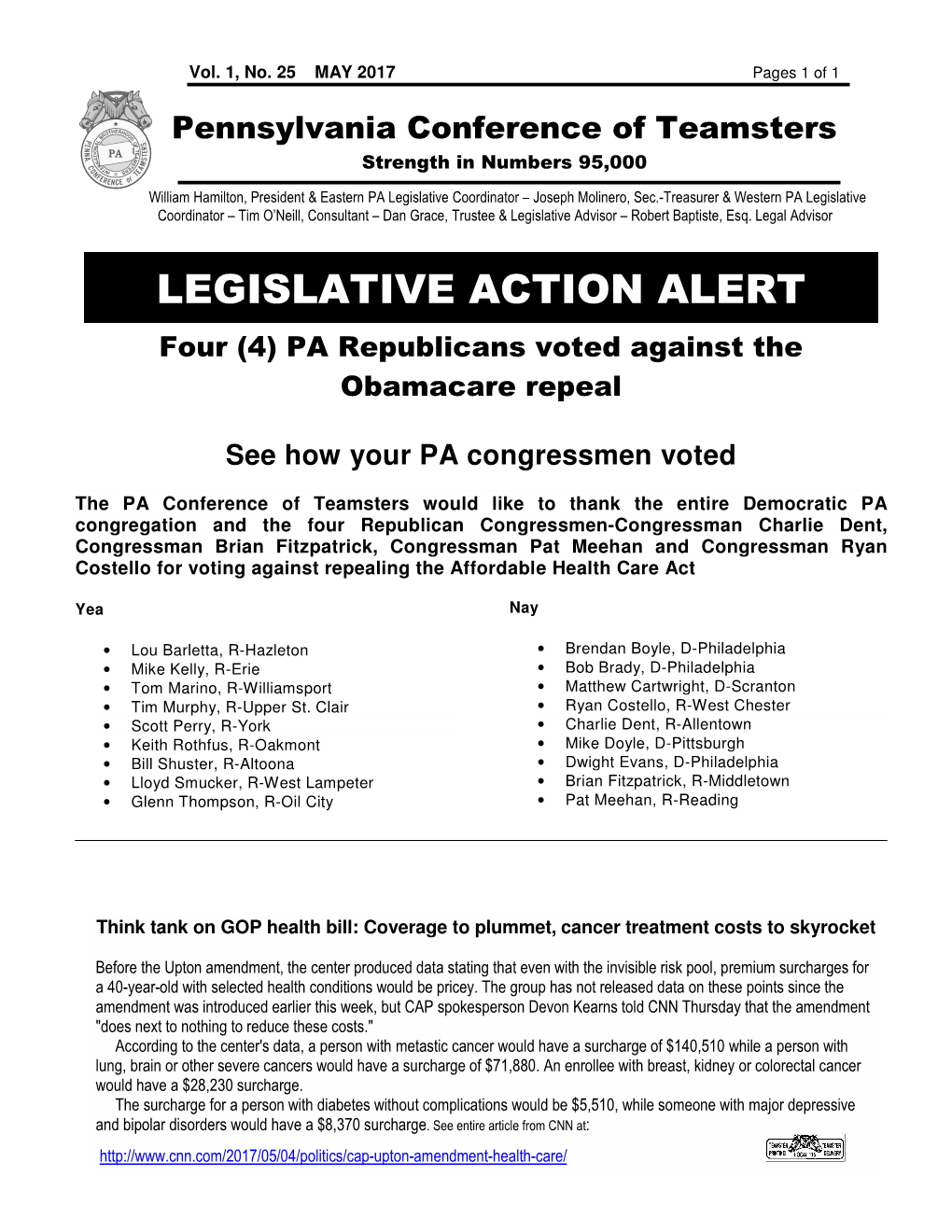 LEGISLATIVE ACTION ALERT Four (4) PA Republicans Voted Against the Obamacare Repeal