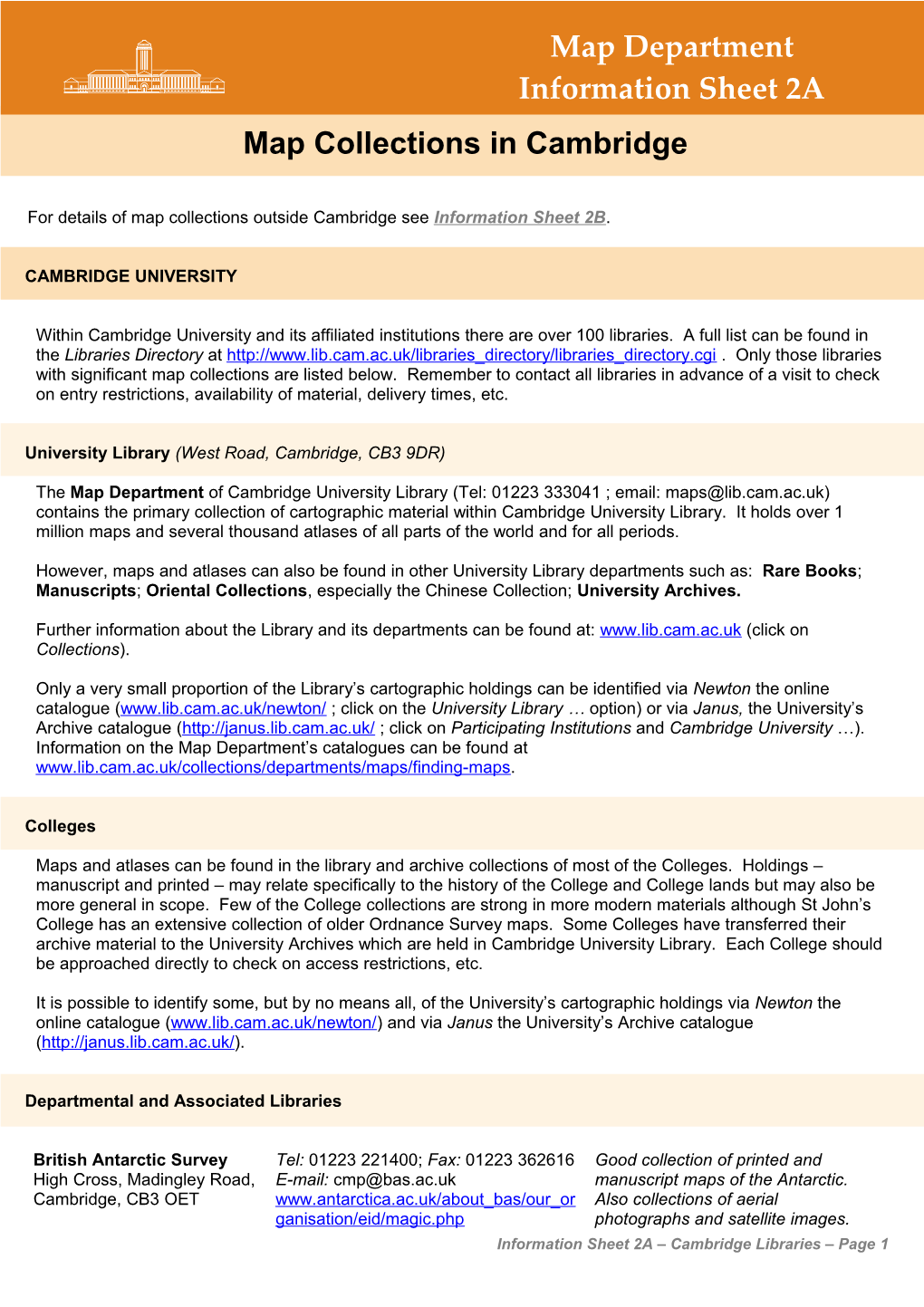 For Details of Map Collections Outside Cambridge See Information Sheet 2B