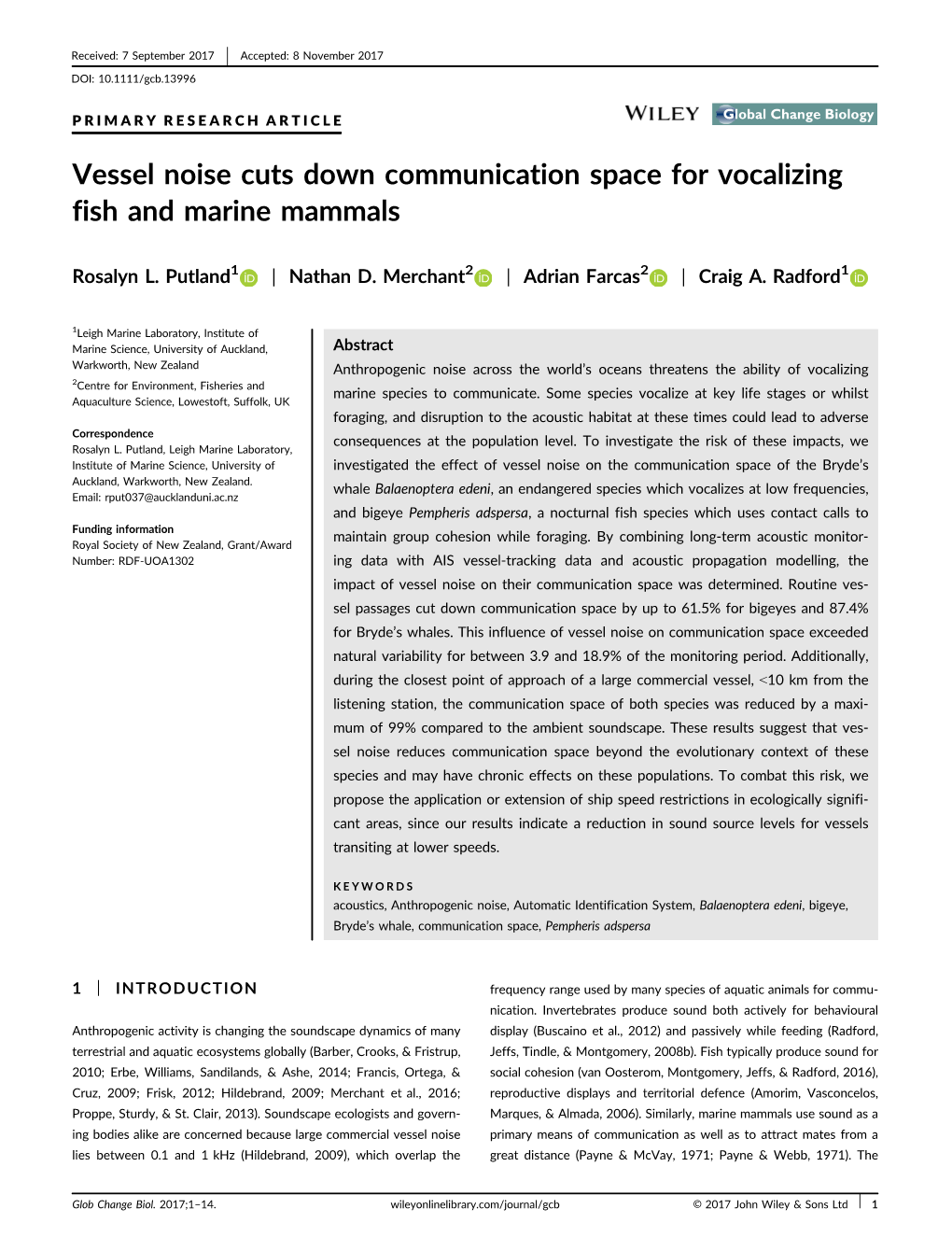 Vessel Noise Cuts Down Communication Space for Vocalizing Fish and Marine Mammals