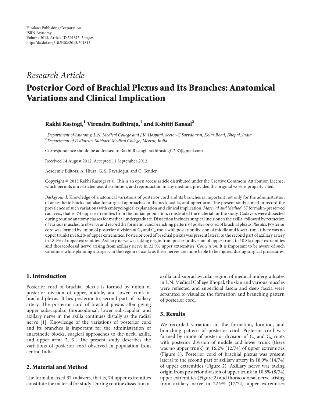 Research Article Posterior Cord of Brachial Plexus and Its Branches: Anatomical Variations and Clinical Implication