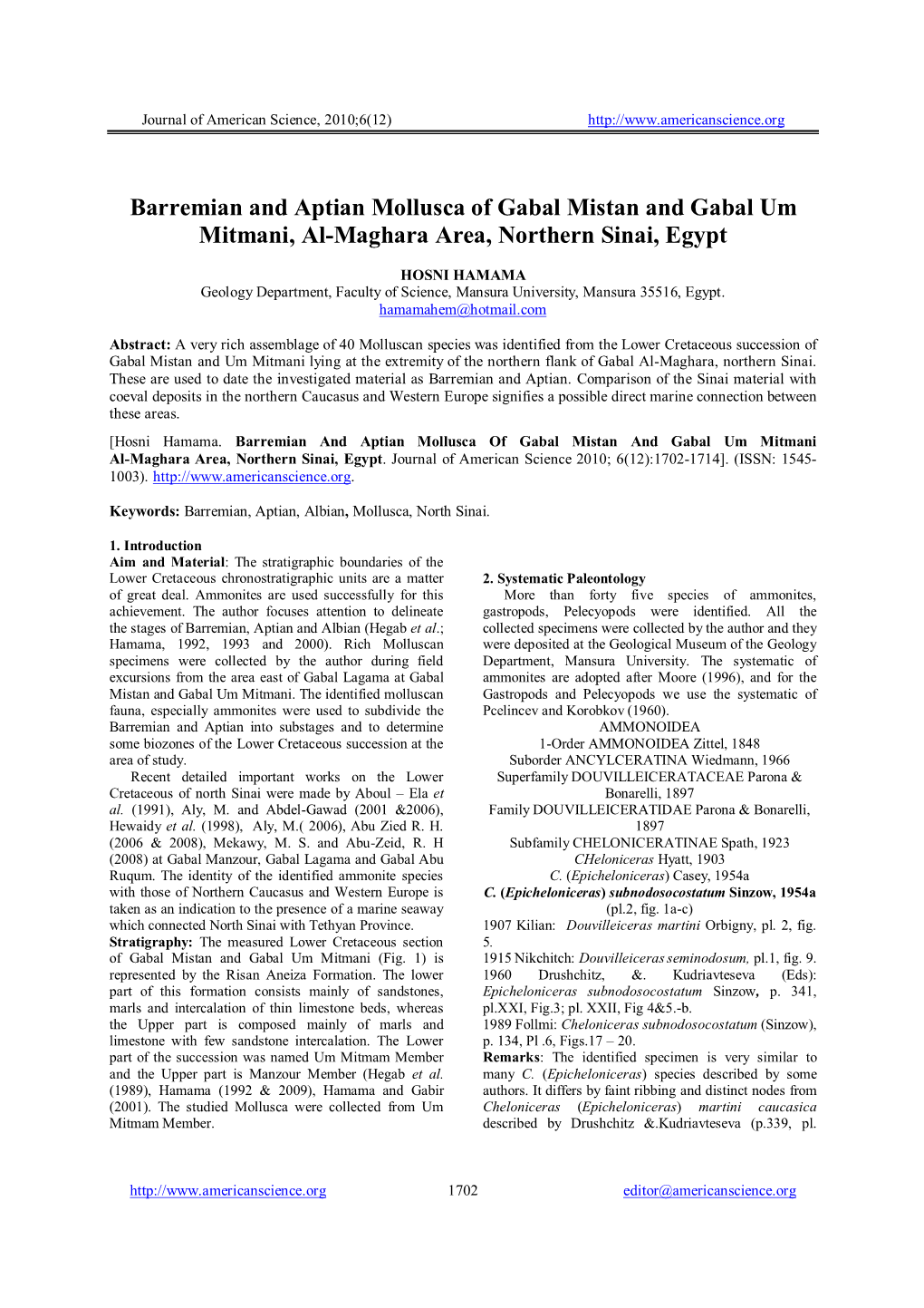 Barremian and Aptian Mollusca of Gabal Mistan and Gabal Um Mitmani, Al-Maghara Area, Northern Sinai, Egypt