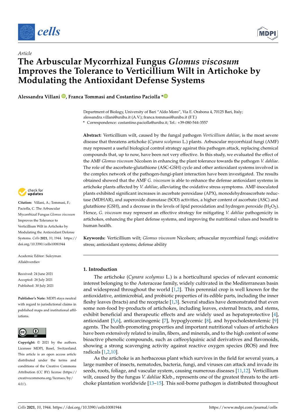 The Arbuscular Mycorrhizal Fungus Glomus Viscosum Improves the Tolerance to Verticillium Wilt in Artichoke by Modulating the Antioxidant Defense Systems