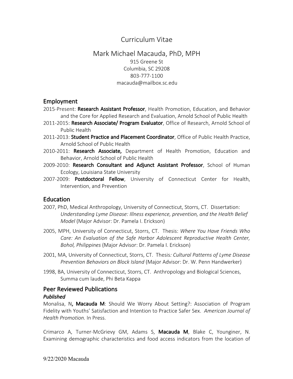 Curriculum Vitae Mark Michael Macauda, Phd