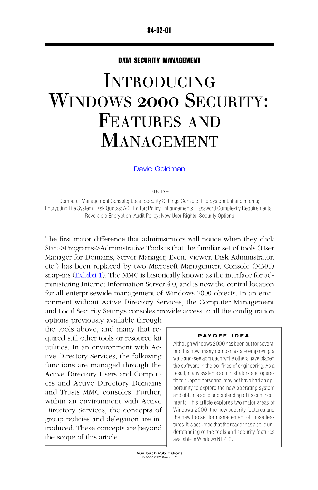 Introducing Windows 2000 Security: Features and Management