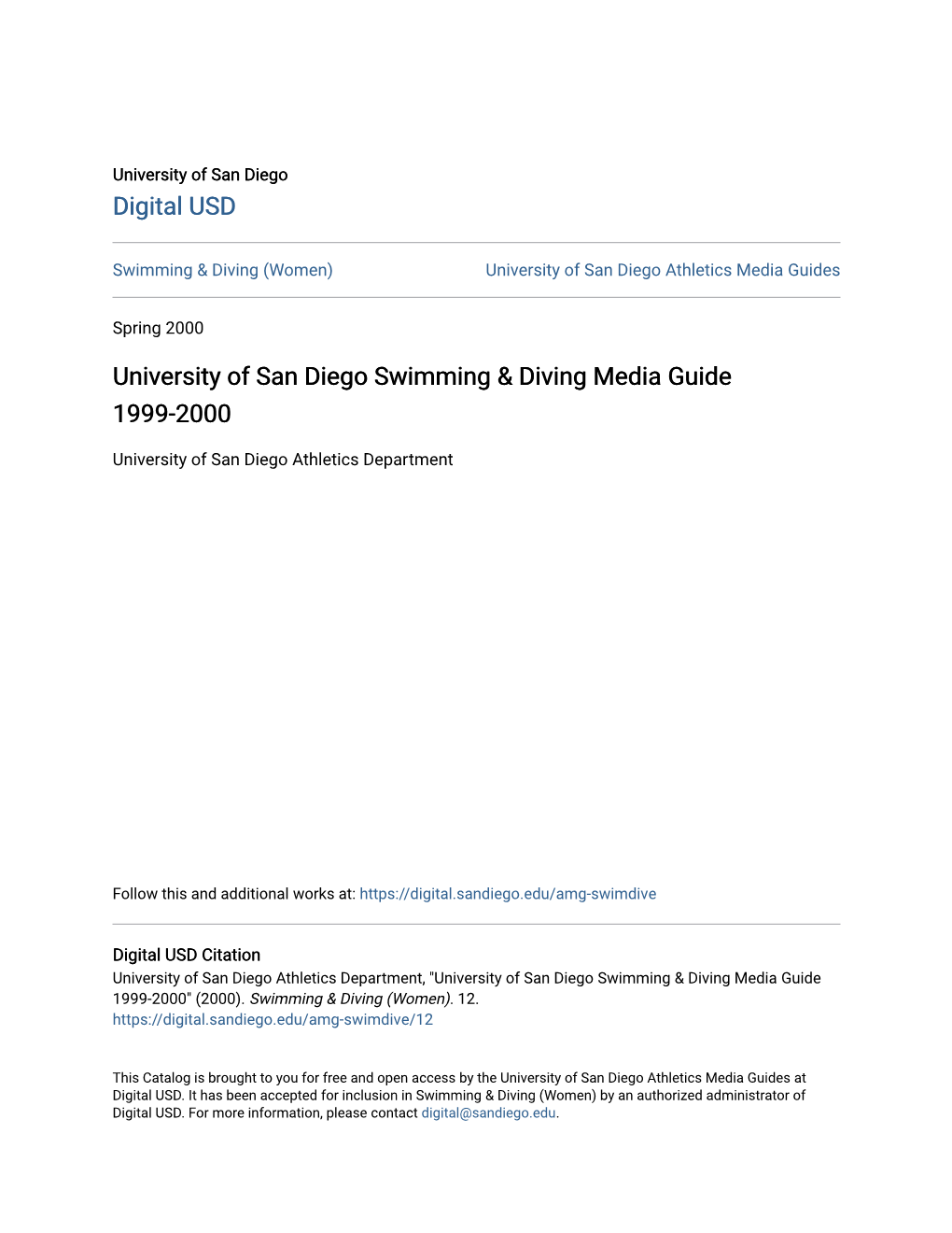 University of San Diego Swimming & Diving Media Guide 1999-2000