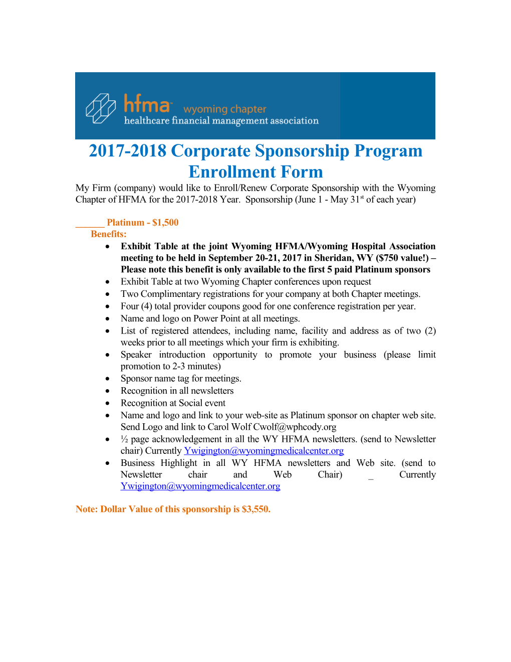 2017-2018 Corporate Sponsorship Program Enrollment Form