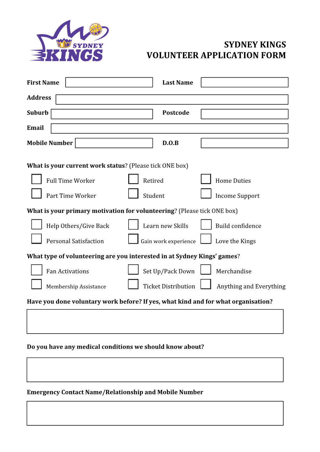 Sydney Kings Volunteer Application Form