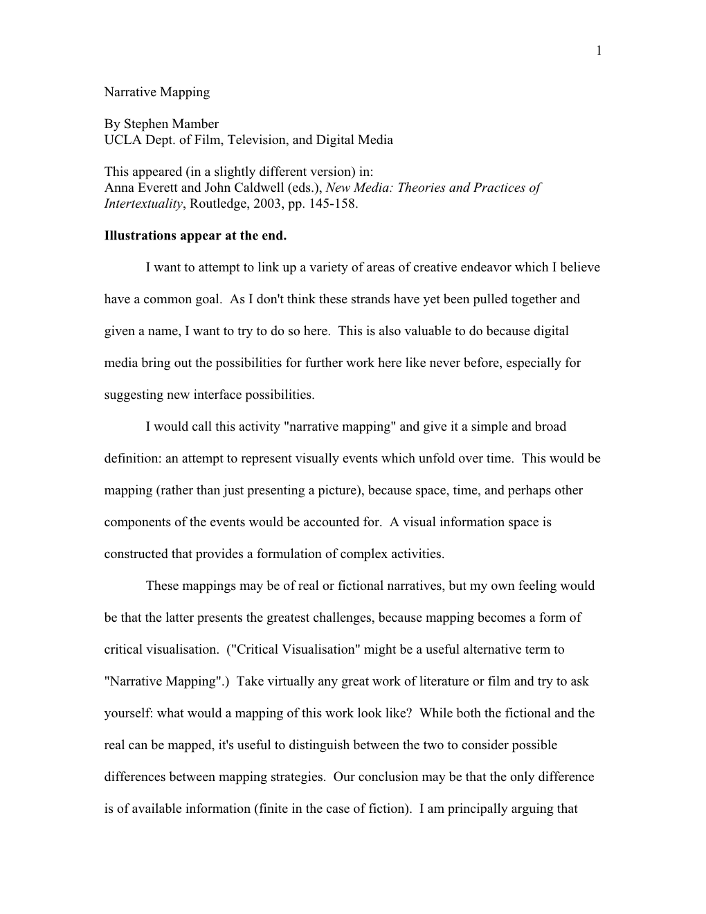 1 Narrative Mapping by Stephen Mamber UCLA Dept. of Film