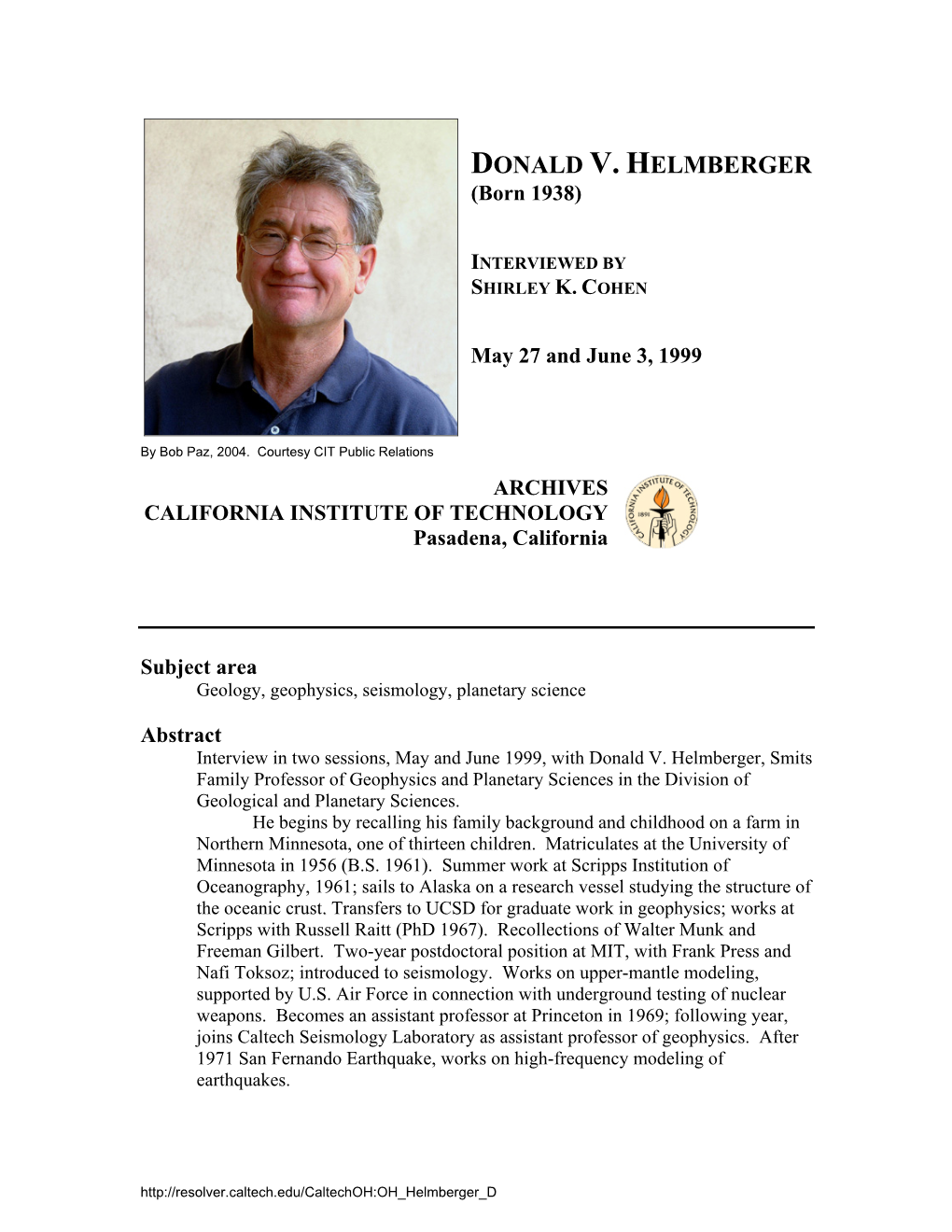 Interview with Donald V. Helmberger