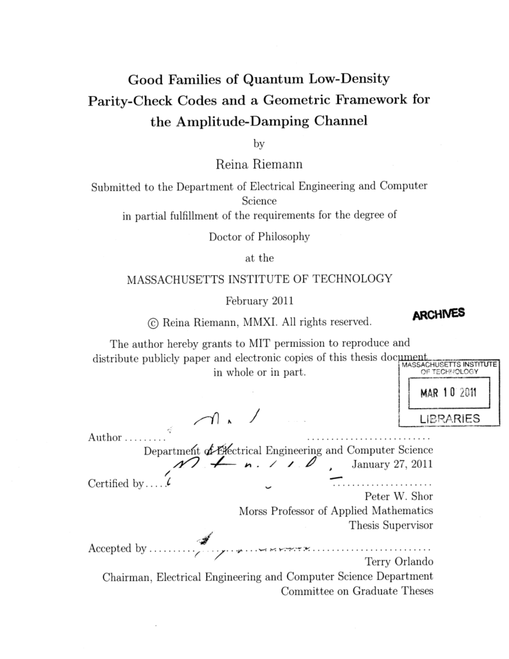 Aectrical Engineering and Computer Science Zy'2 / 1/ January 27, 2011 Certified By.....I Peter W