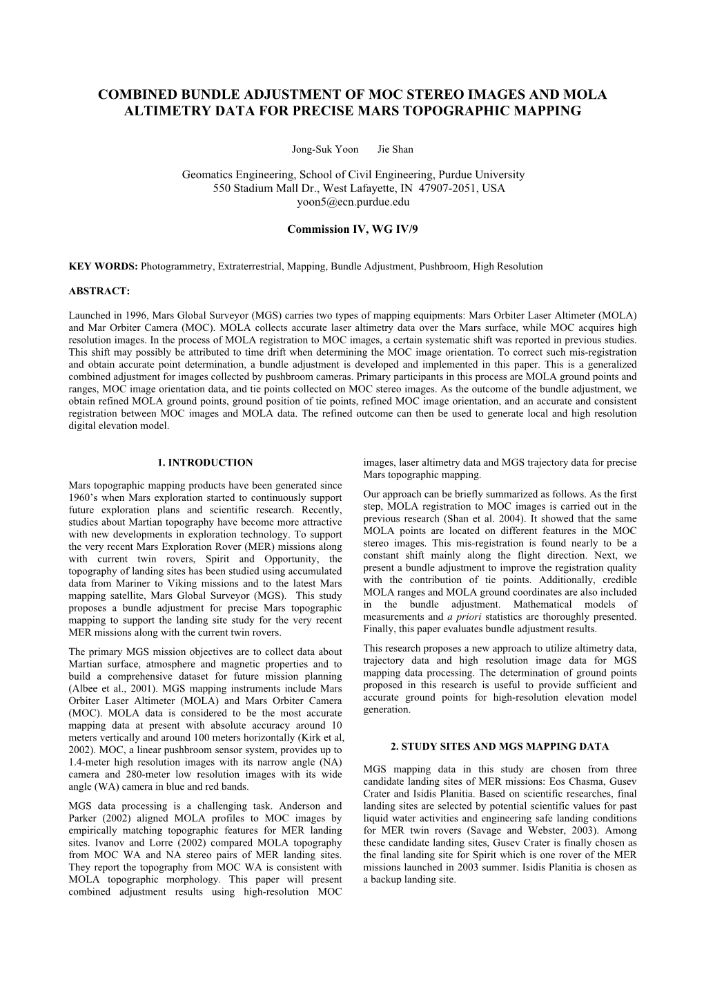 Combined Bundle Adjustment of Moc Stereo Images and Mola Altimetry Data for Precise Mars Topographic Mapping