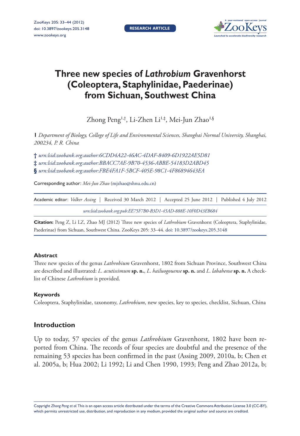 Three New Species of Lathrobium Gravenhorst (Coleoptera, Staphylinidae, Paederinae) from Sichuan, Southwest China