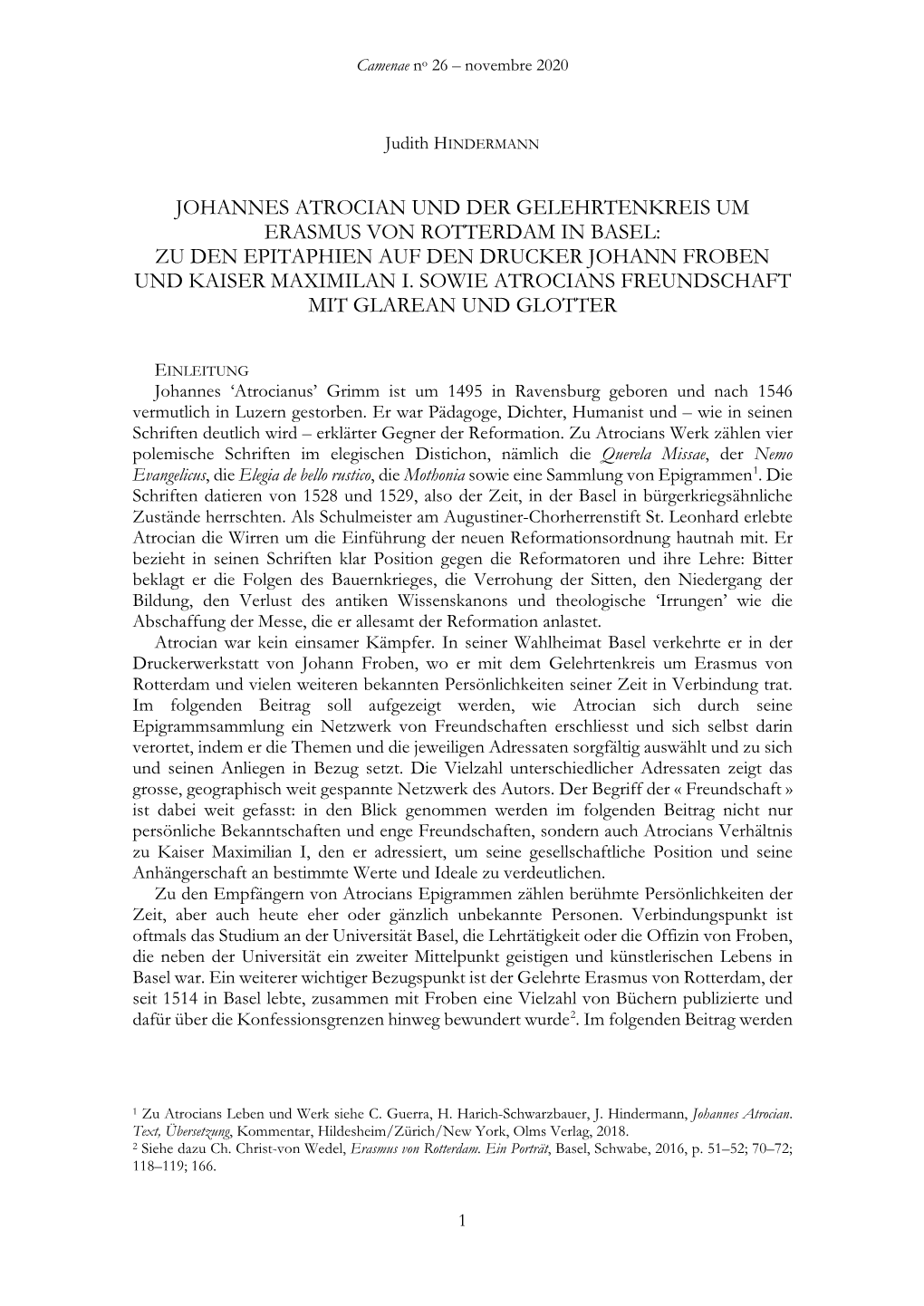 Johannes Atrocian Und Der Gelehrtenkreis Um Erasmus Von Rotterdam in Basel: Zu Den Epitaphien Auf Den Drucker Johann Froben Und Kaiser Maximilan I