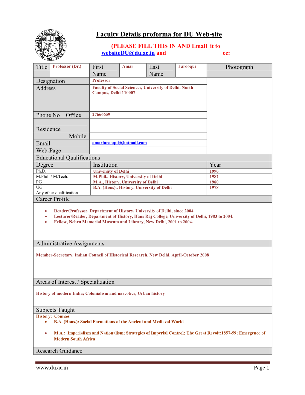 Faculty Details Proforma for DU Web-Site