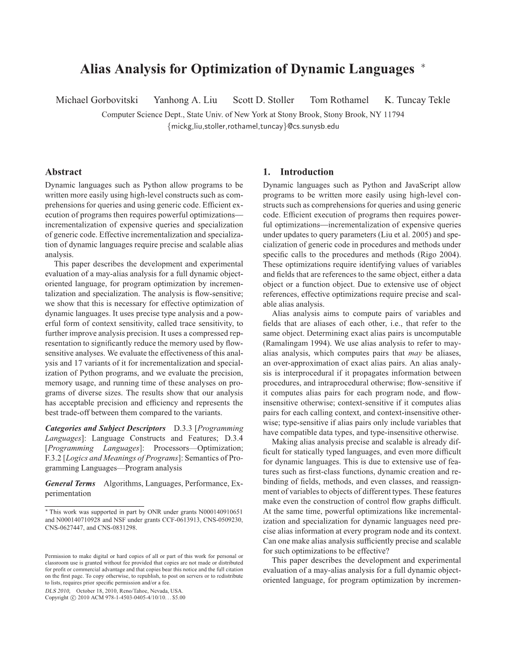 Alias Analysis for Optimization of Dynamic Languages ∗