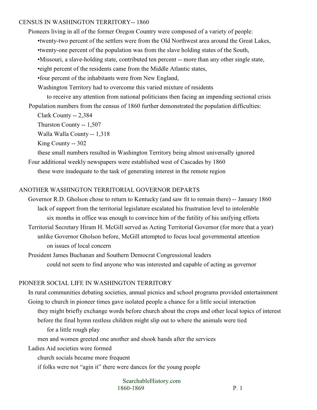 Searchablehistory.Com 1860-1869 P. 1 CENSUS in WASHINGTON