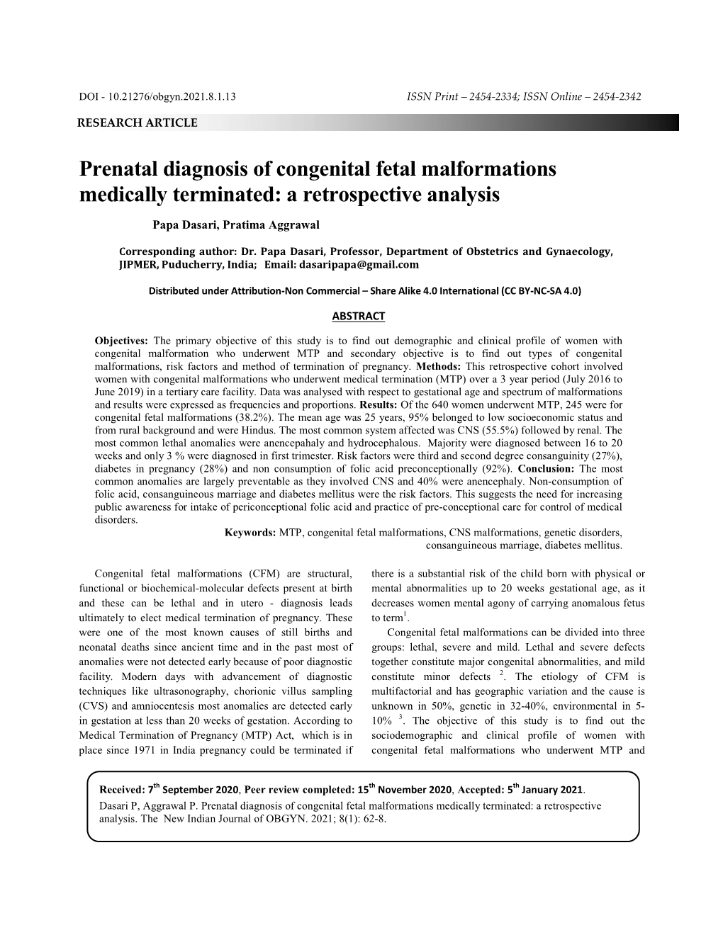 Prenatal Diagnosis of Congenital Fetal Malformations Medically Terminated: a Retrospective Analysis