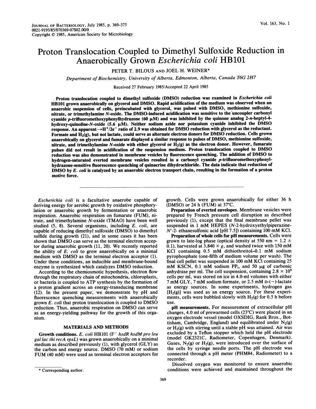 Proton Translocation Coupled to Dimethyl Sulfoxide Reduction in Anaerobically Grown Escherichia Coli HB101 PETER T