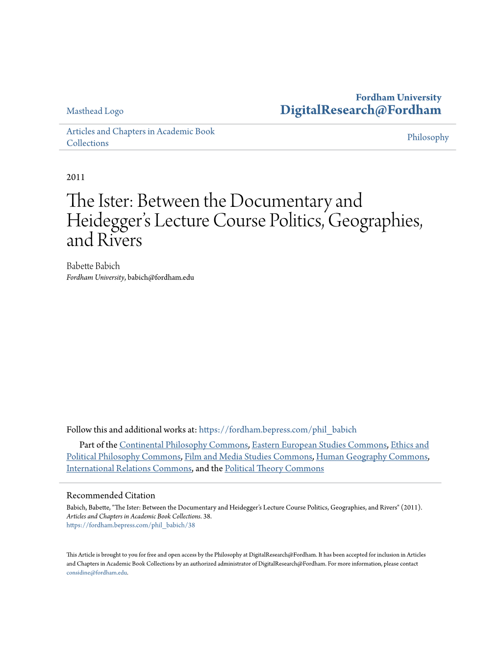 The Ister» Documentary and Heidegger’S Lecture Course: on Politics, Geographies, and Rivers