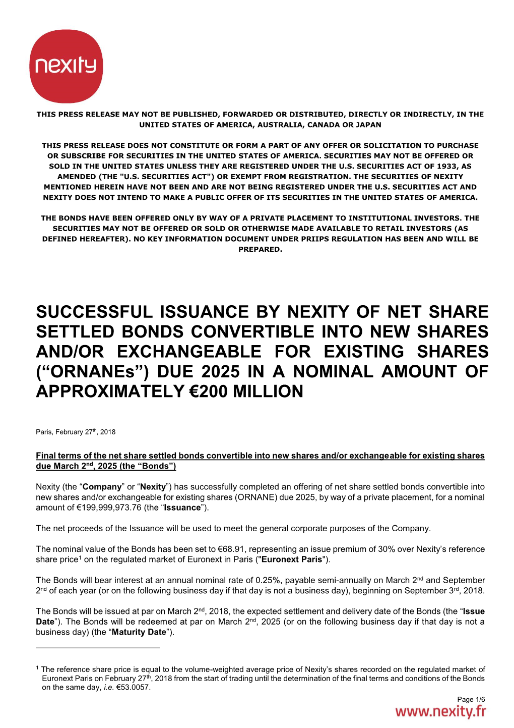 Successful Issuance by Nexity of Net Share Settled