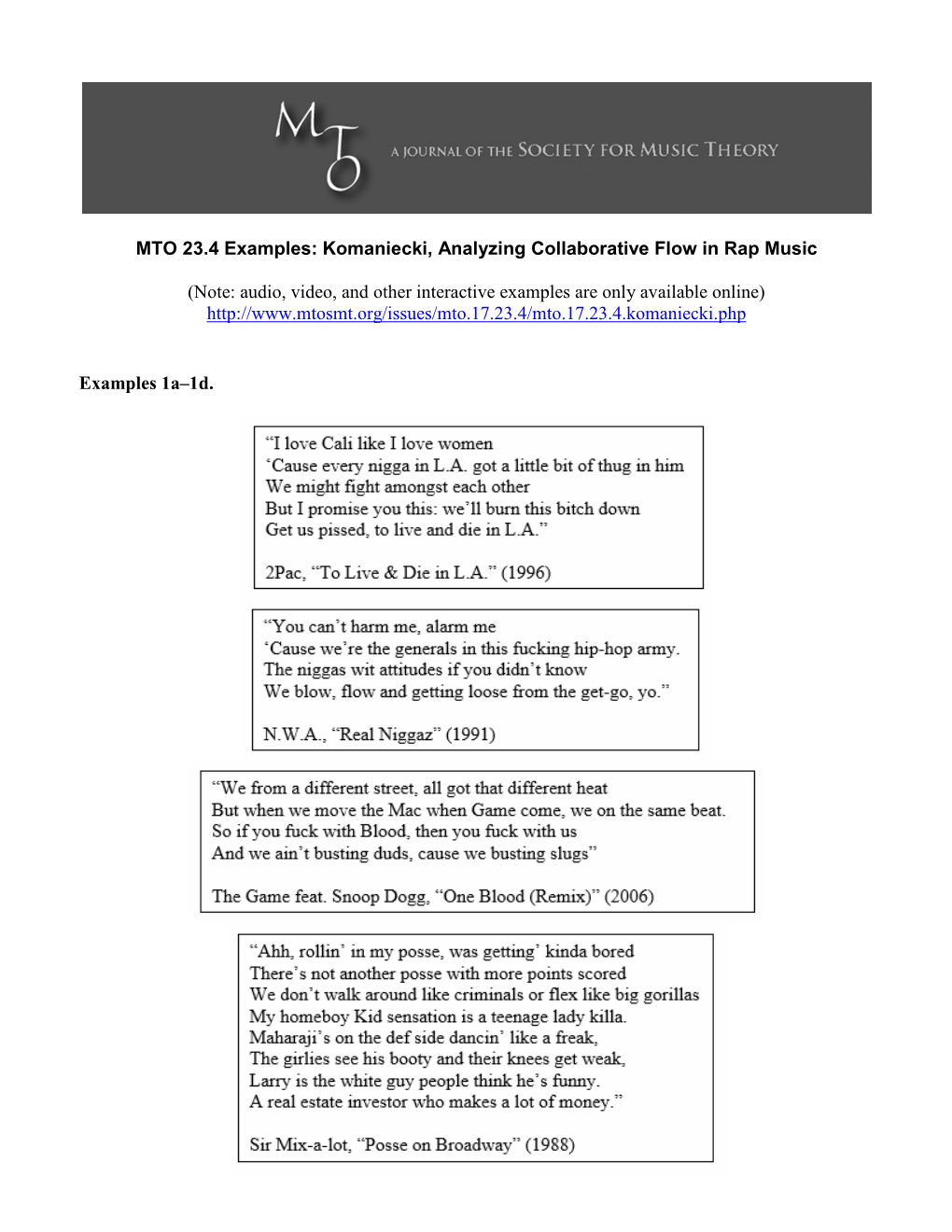 MTO 23.4 Examples: Komaniecki, Analyzing Collaborative Flow in Rap Music