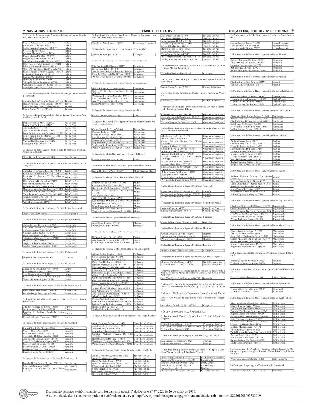 Caderno 1 Diário Do Executivo Terça-Feira, 01 De Dezembro De 2020