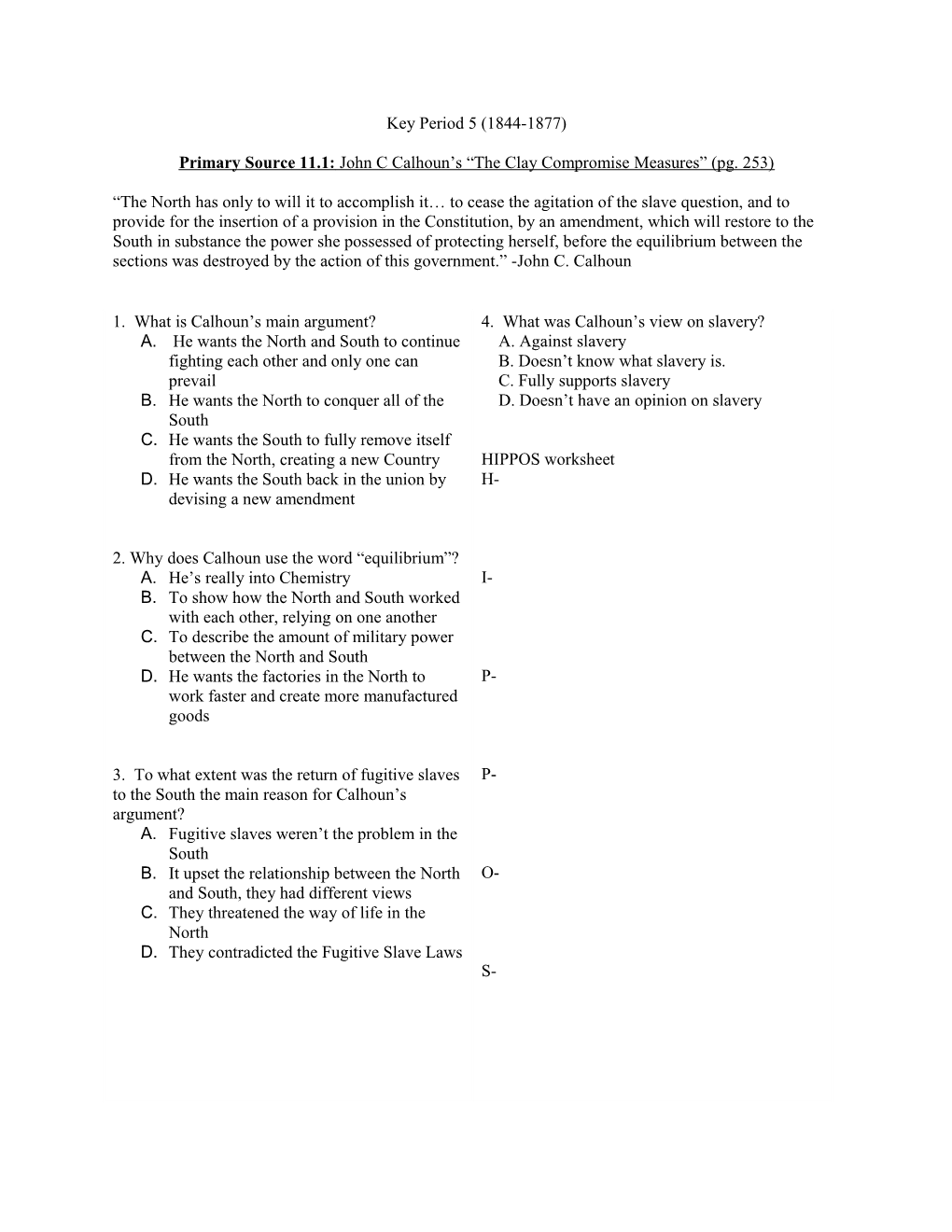 Primary Source 11.1: John C Calhoun S the Clay Compromise Measures (Pg. 253)