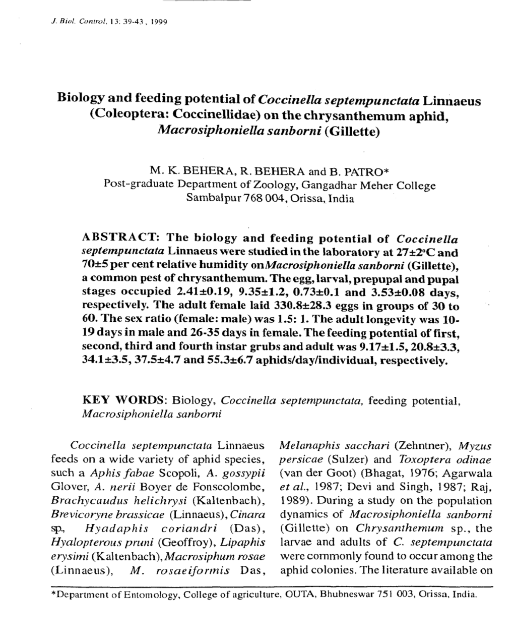 Biology and Feeding Potential of Coccinella Septempunctata Linnaeus (Coleoptera: Coccinellidae) on the Chrysanthemum Aphid, Macrosiphoniella Sanborni (Gillette)