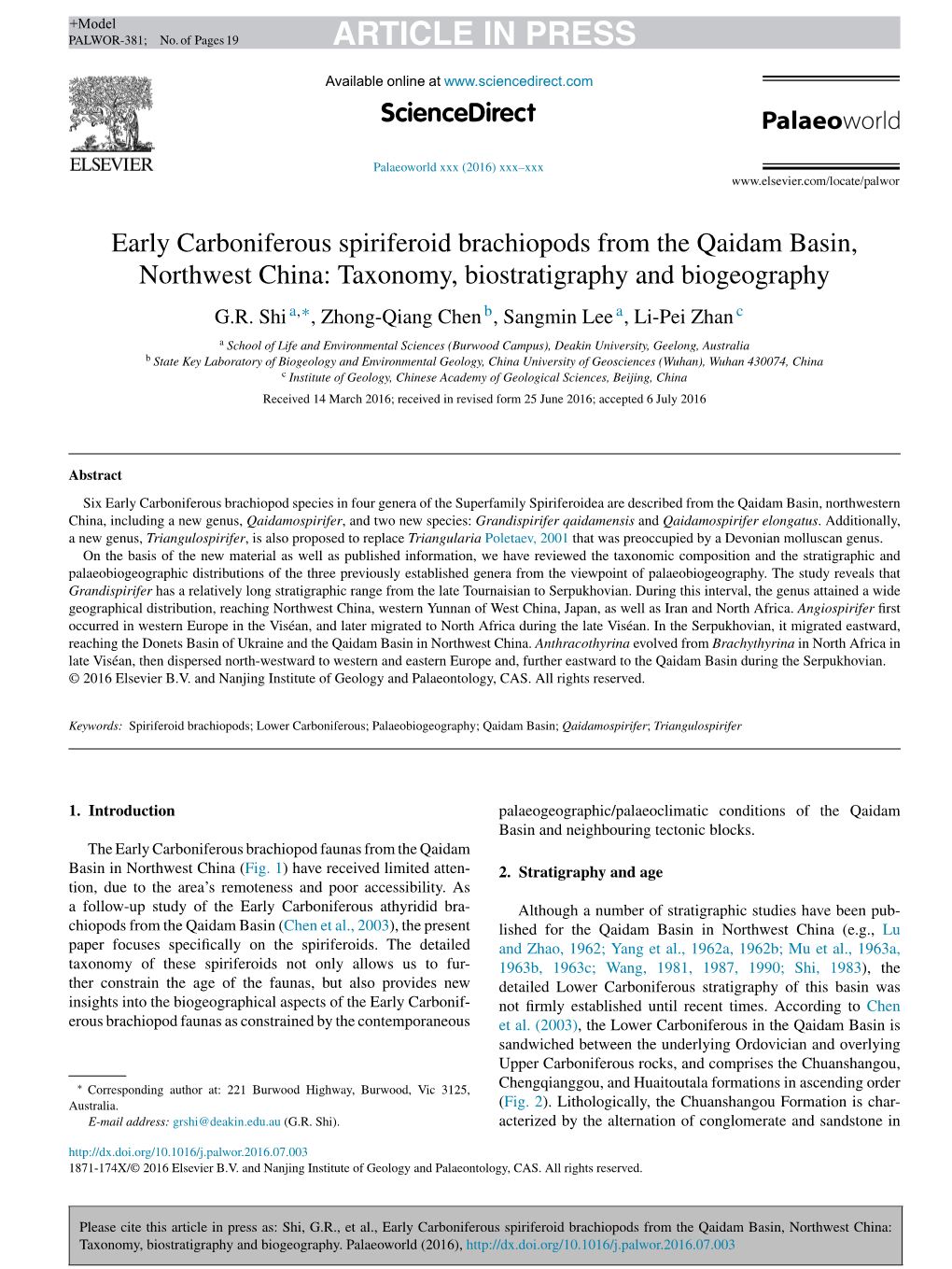 Early Carboniferous Spiriferoid Brachiopods from the Qaidam Basin, Northwest China: Taxonomy, Biostratigraphy and Biogeography