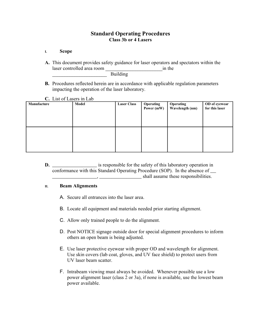 Laser Safety Plan / Standard Operating Procedures