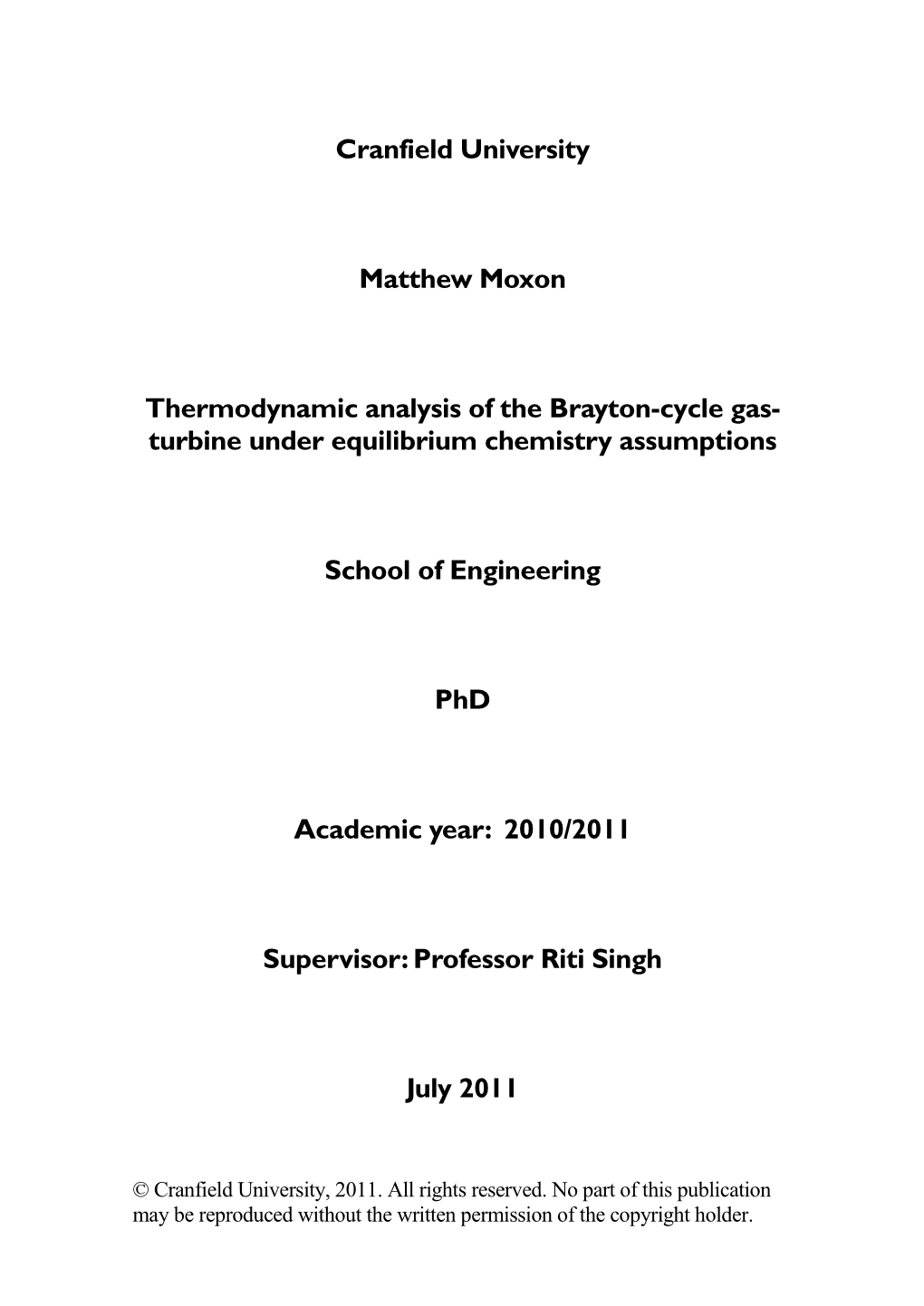 Cranfield University Matthew Moxon Thermodynamic Analysis of The