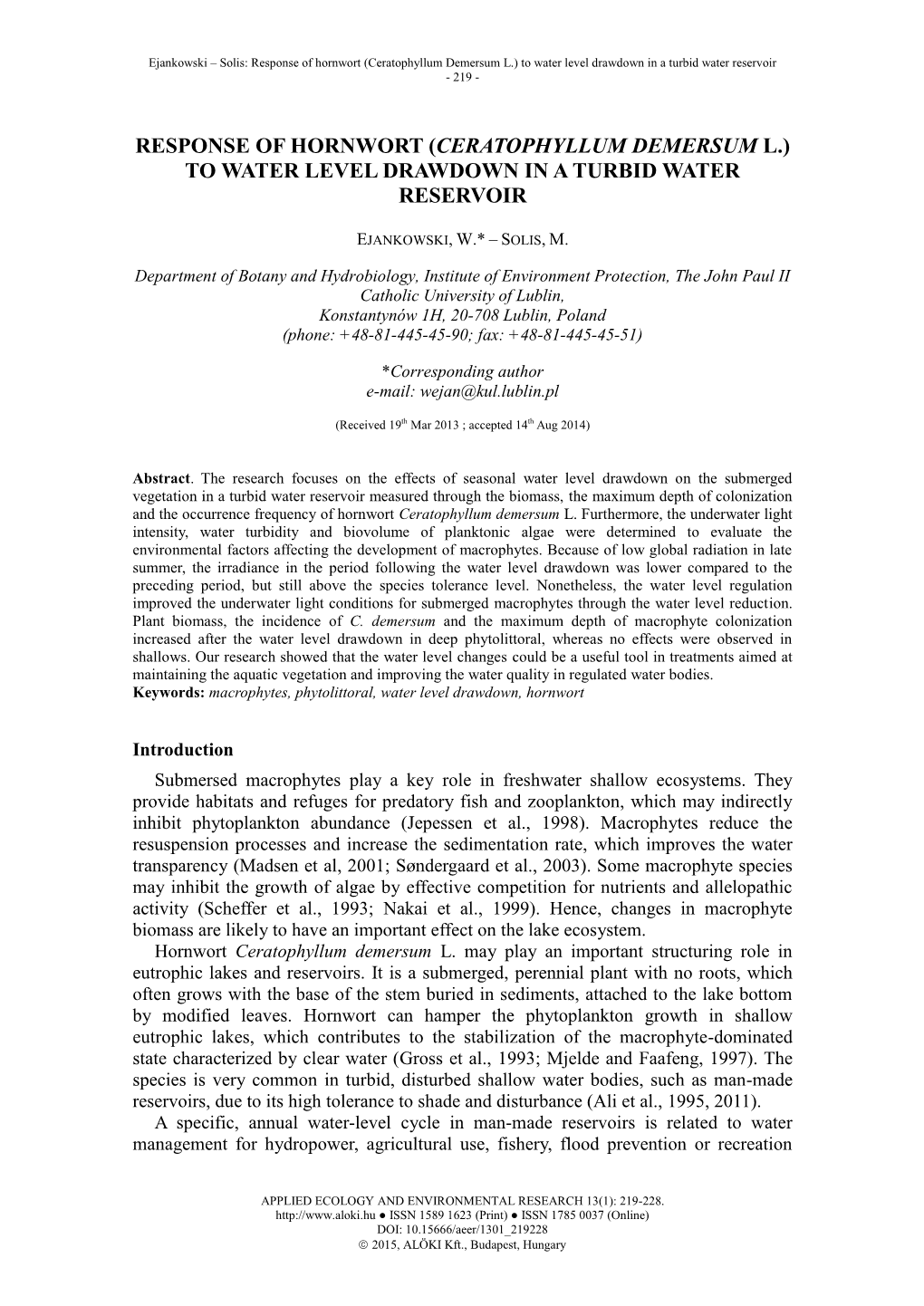 Ceratophyllum Demersum L.) to Water Level Drawdown in a Turbid Water Reservoir - 219