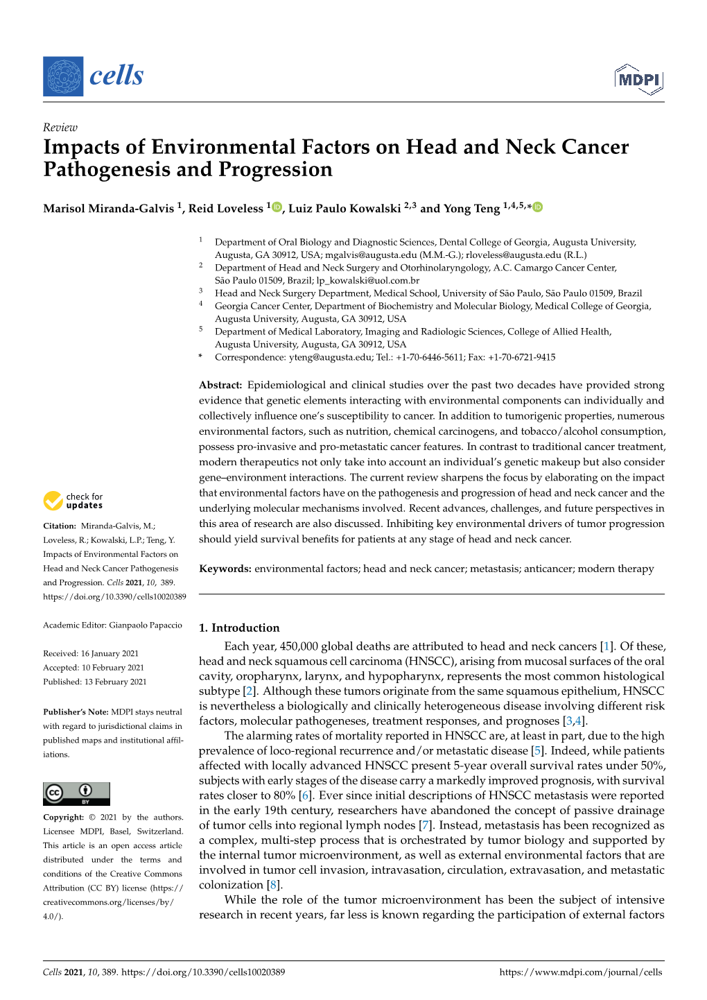 Impacts of Environmental Factors on Head and Neck Cancer Pathogenesis and Progression