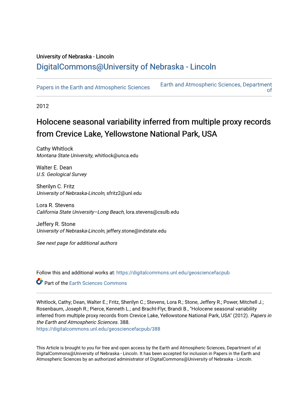 Holocene Seasonal Variability Inferred from Multiple Proxy Records from Crevice Lake, Yellowstone National Park, USA