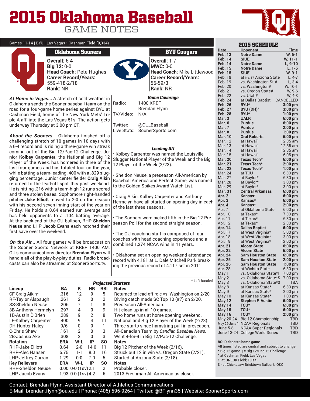 2015 Oklahoma Baseball GAME NOTES