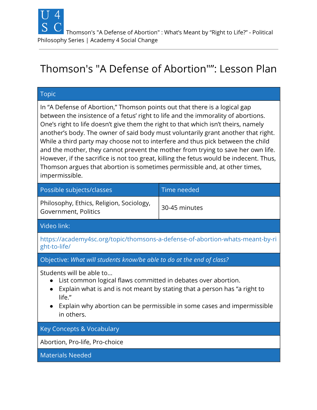 Thomson's "A Defense of Abortion" : What’S Meant by “Right to Life?” - Political Philosophy Series | Academy 4 Social Change