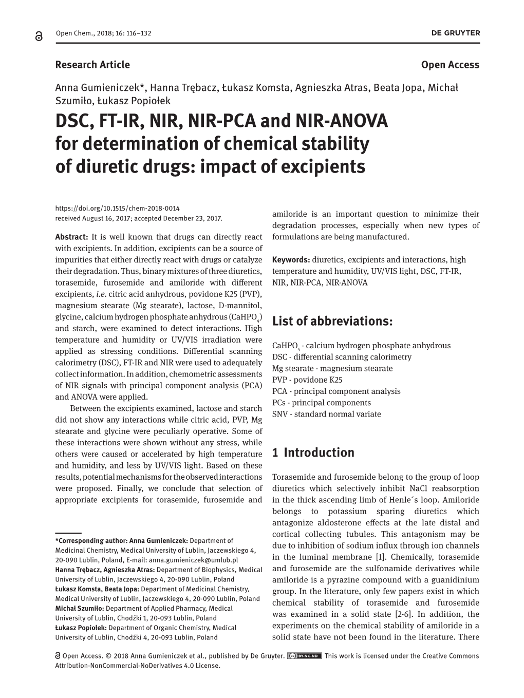 DSC, FT-IR, NIR, NIR-PCA and NIR-ANOVA for Determination of Chemical Stability of Diuretic Drugs