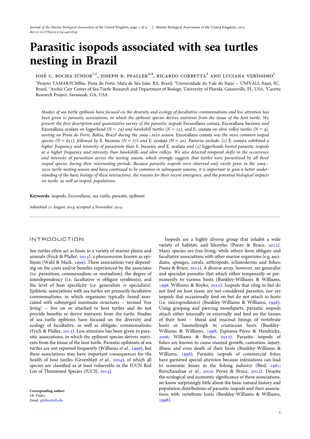 Parasitic Isopods Associated with Sea Turtles Nesting in Brazil Jose’ C