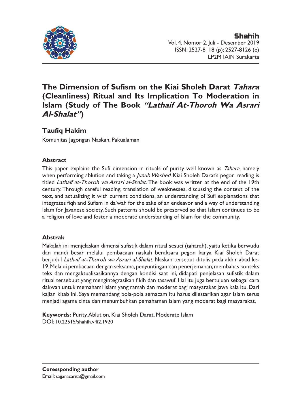 The Dimension of Sufism on the Kiai Sholeh Darat Tahara (Cleanliness) Ritual and Its Implication to Moderation in Islam (Study O