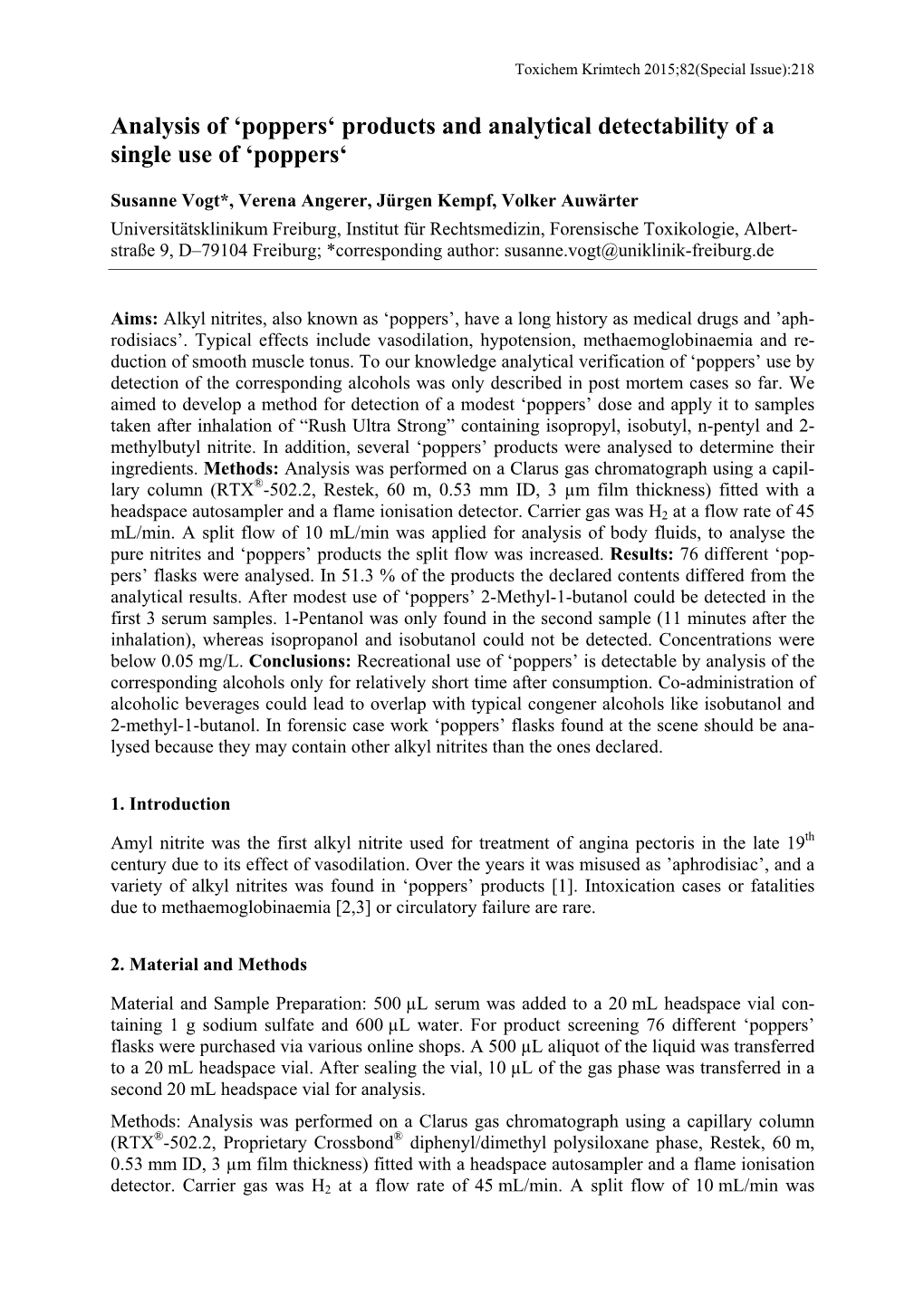 Poppers‘ Products and Analytical Detectability of a Single Use of ‘Poppers‘