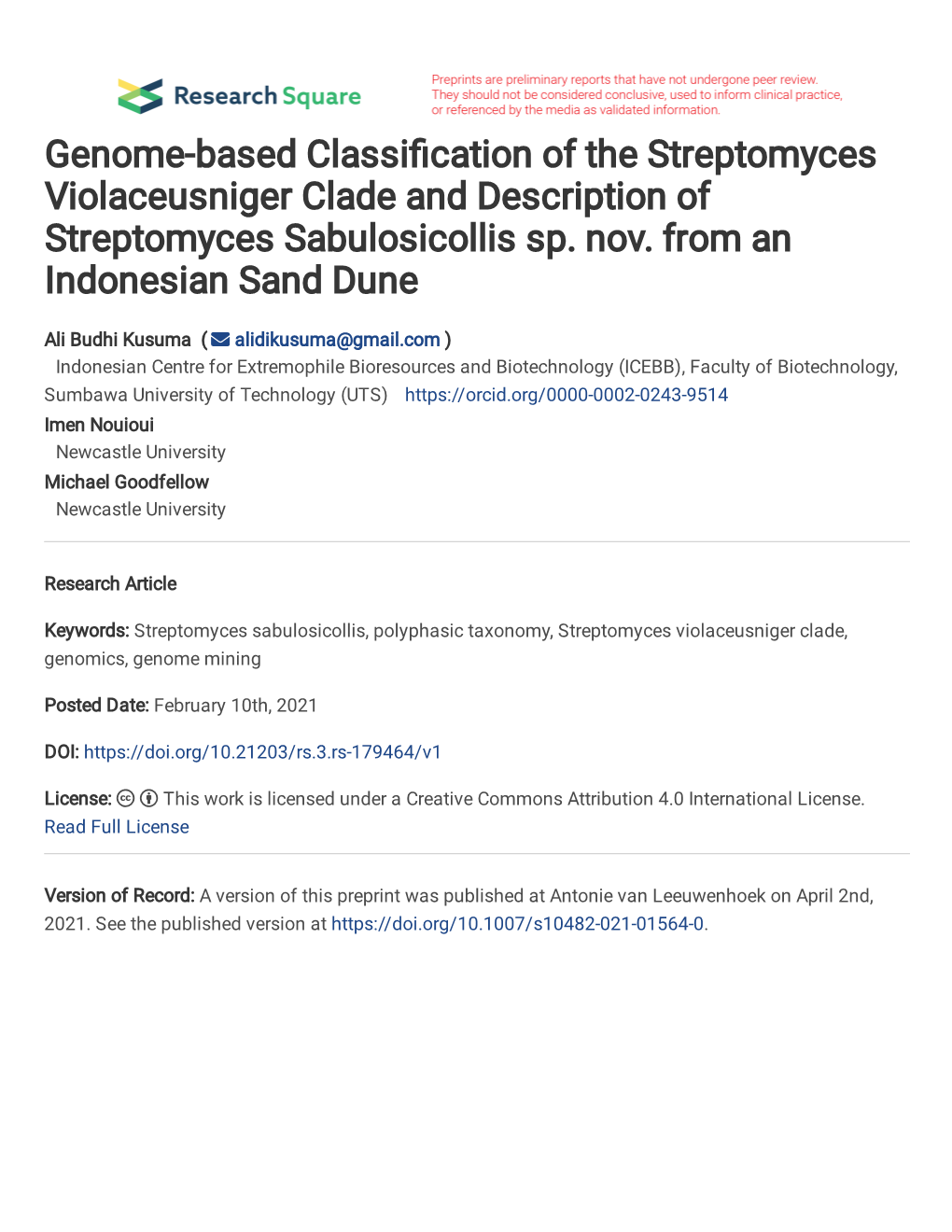 Genome-Based Classification of the Streptomyces Violaceusniger Clade and Description of Streptomyces Sabulosicollis Sp. Nov